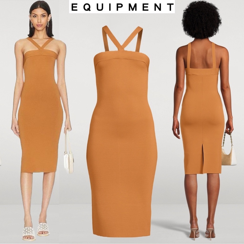 $420‼️Equipment Femme Appoline Knit Midi Dress Bandage Bodycon Tan Brown Sheath